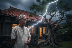 落雷を避ける沖縄のおまじない「クヮーギヌシチャデービル」（桑の木の下でございます）