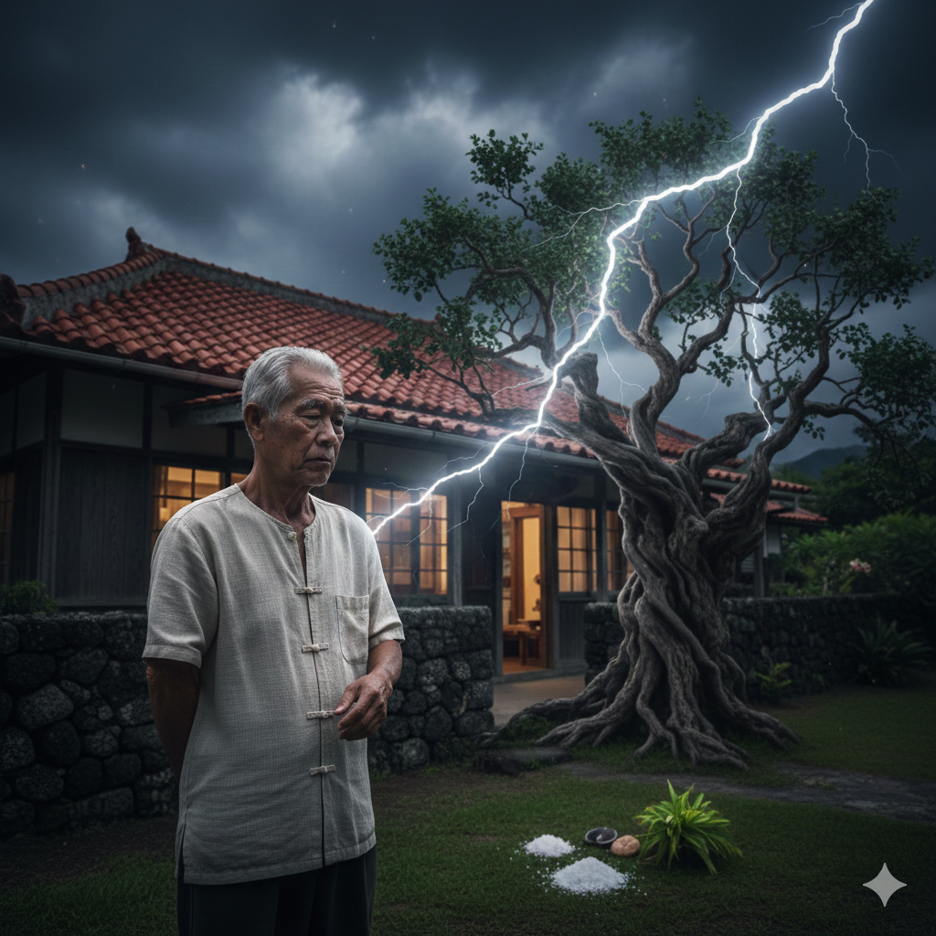 落雷を避ける沖縄のおまじない「クヮーギヌシチャデービル」（桑の木の下でございます）