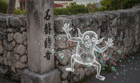 マイルドでユニークな姿のマジムン（石敢當にぶつかって消えてしまう様子など）」