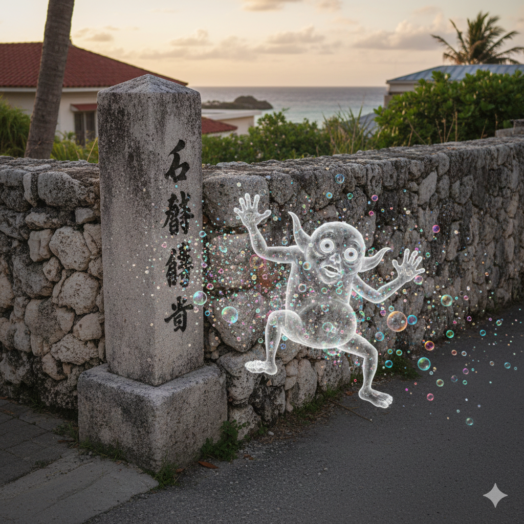 マイルドでユニークな姿のマジムン（石敢當にぶつかって消えてしまう様子など）」